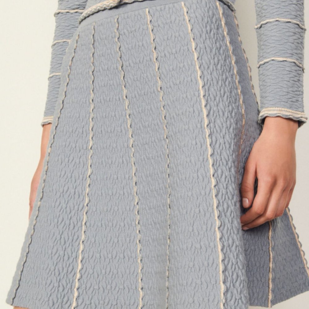Sandro Light Blue Textured A-Line Skirt with Cream Trim